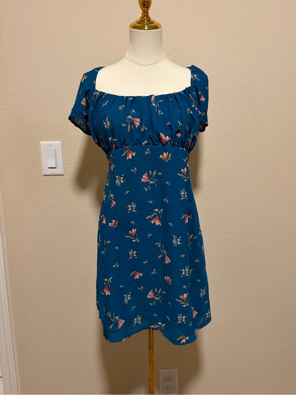 Teal Floral Square-Neck Mini Dress
